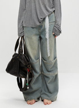 KVKV“2021F LOOSE FIT”水洗褶皱牛仔裤 复古做旧宽松阔腿直筒裤