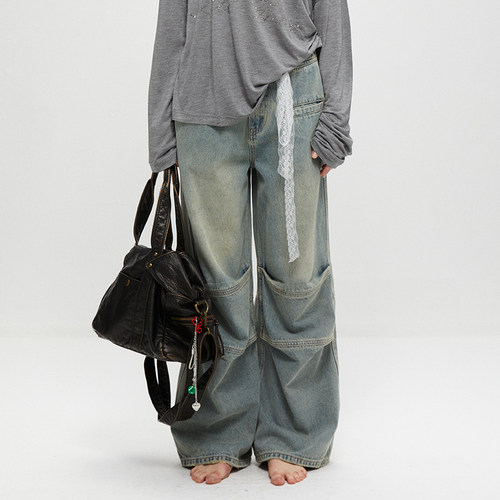 KVKV“2021F LOOSE FIT”水洗褶皱牛仔裤 复古做旧宽松阔腿直筒裤