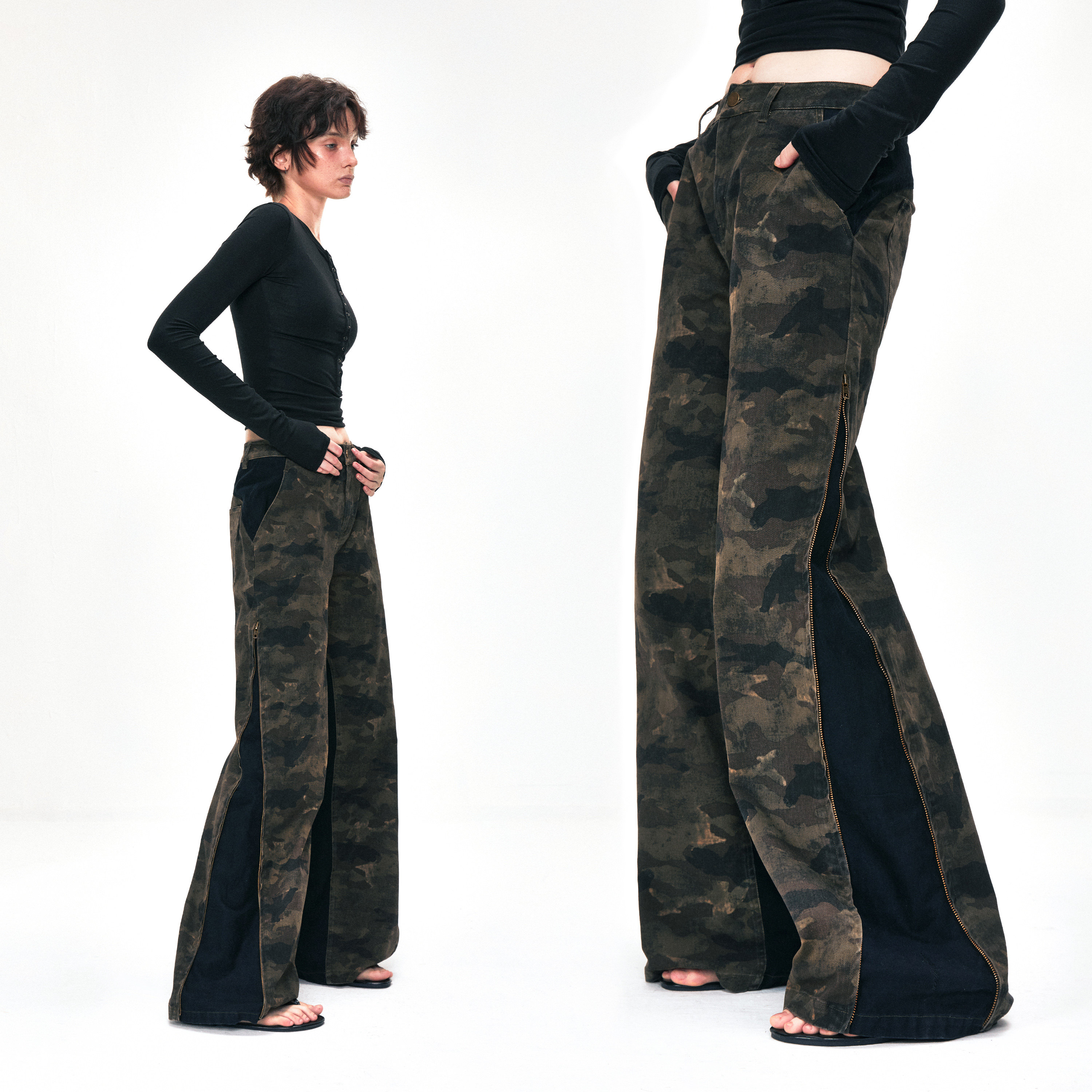 KVKV 'Switch'「解构拼接拉链可调节」复古直筒阔腿迷彩工装裤女