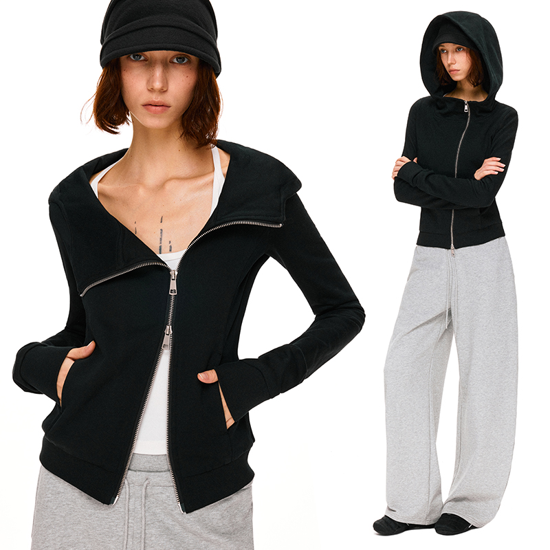 KVKV 黑色斜领拉链修身连帽卫衣外套
