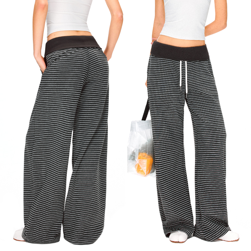 KVKV翻腰设计灰白双腰头宽松休闲条纹抽绳运动长裤