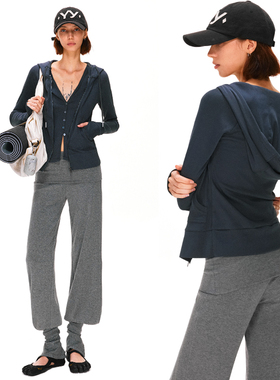 KVKV 藏蓝色雪花肌理感假两件开衫连帽运动外套长袖