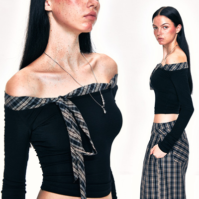 KVKV V领一字肩格纹长袖 性感辣妹小众设计拼接修身显瘦上衣t恤女