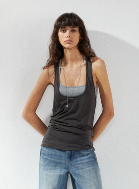 KVKV 深灰色真两件撞色叠穿层次感无袖背心 性感纯欲露背吊带上衣