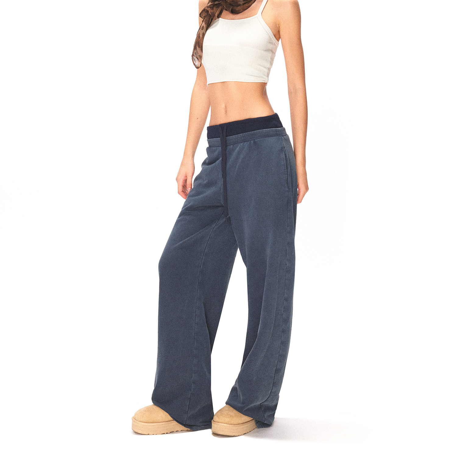 KVKV 藏蓝色重工洗褪双腰头抽绳阔腿宽松休闲运动卫裤,女装/女士精品,卫裤,淘宝优惠券,粉丝福利购,淘宝优惠卷