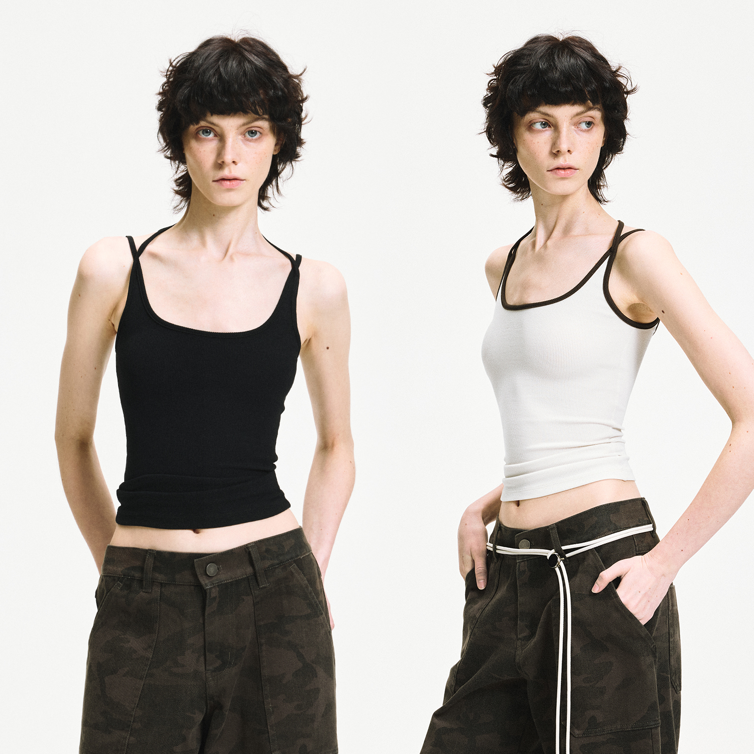 KVKV 椰白黑色撞色双肩带绑带挂脖吊带背心