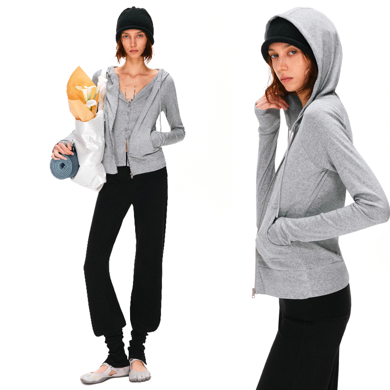 KVKV 花灰色雪花肌理感假两件开衫连帽运动外套长袖