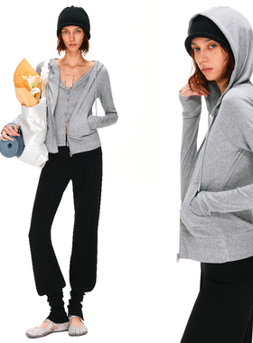 KVKV 花灰色雪花肌理感假两件开衫连帽运动外套长袖