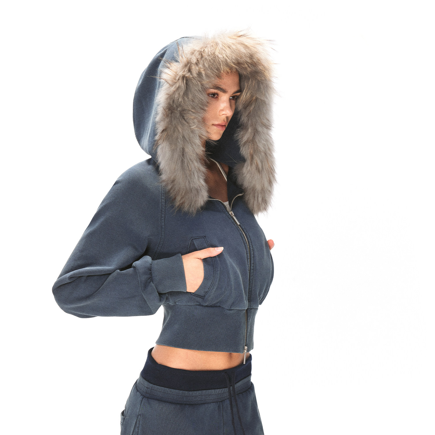 KVKV 真毛领藏蓝色可拆卸重工洗褪连帽廓形宽松运动卫衣外套