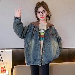 女生时髦秋装外套初中生女孩复古绣花牛仔上衣中大童春秋连帽夹克