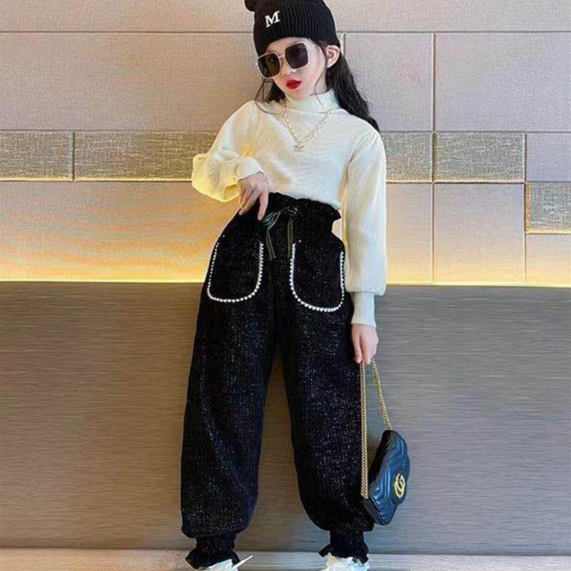 女童裤子外穿春秋款时尚洋气秋冬卫裤女孩秋装宽松高腰黑色长裤