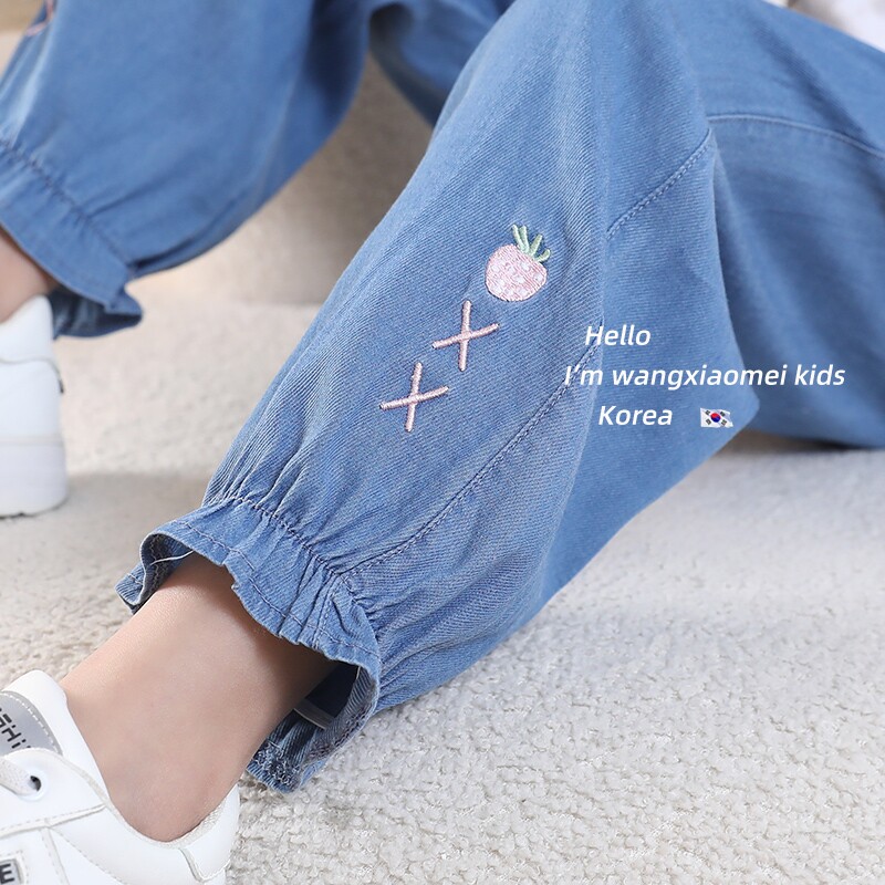 防蚊裤女童裤子夏季薄款九分小童天丝牛仔裤冰丝灯笼宝宝儿童长裤