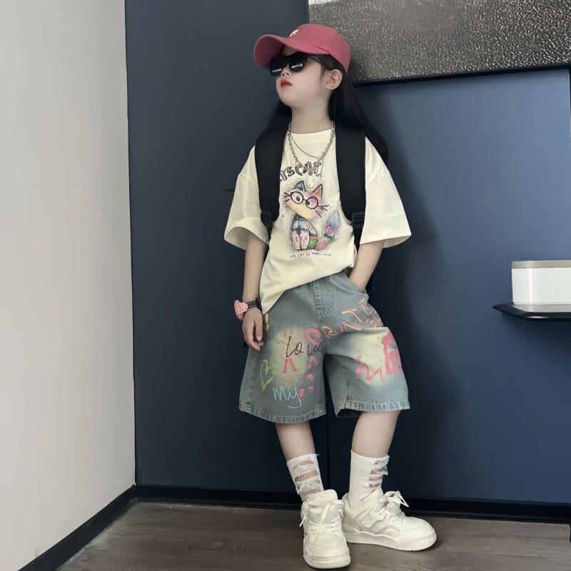 儿童夏季休闲潮酷涂鸦字母牛仔中裤中大童洋派时髦短袖T恤两件套