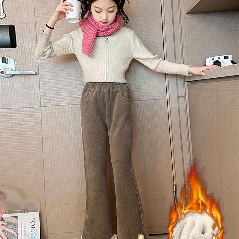 女童羊羔绒喇叭裤秋冬款2025新款女大童加厚女孩冬季儿童加绒裤子