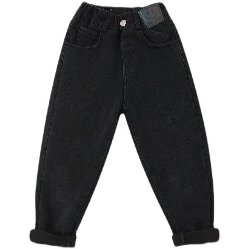 男童黑色牛仔裤春秋新款秋冬款一体绒中大童帅气宽松弹力柔软裤子