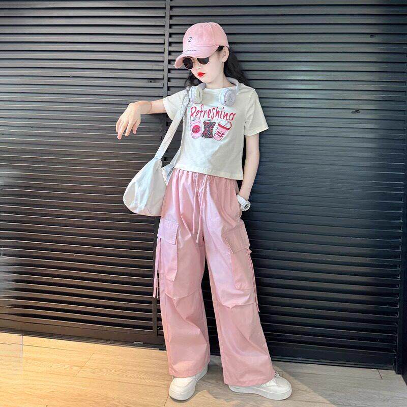 女童夏装套装2026新款短袖纯棉夏季洋气工装裤大童穿搭爵士舞服饰