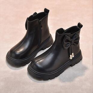 真皮女童靴子儿童马丁靴小公主短靴秋冬蝴蝶结软底宝宝加绒小皮靴