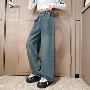 女童春秋款直筒裤秋季新款中大童牛仔裤洋气长裤儿童阔腿裤子。