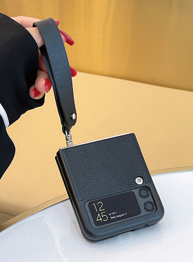 纯黑色适用于三星Galaxy Zflip4手机壳防摔手绳zflip3奢华皮纹保护套不粘指纹sm-f7110时尚商务风个性男女款