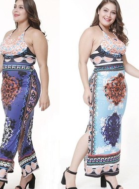 Women's neck hung open fork sexy printed big yards loose dre