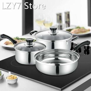3pcs Stainless Steel Cookware Set Soup Pot Milk Pan with Gla