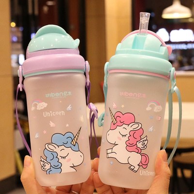 430ml Kids Sports Outdoor Straw Water Bottle With Unicorn Pr