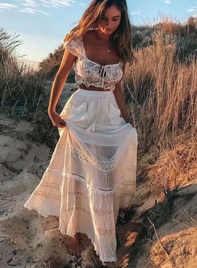 Boho Inspired Women's White Maxi Skirt patch pockets tassel
