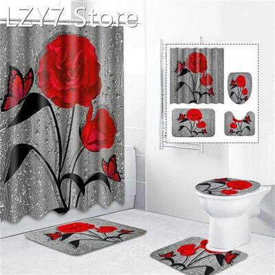 4PCS Shower Curtain 3D Waterproof Anti-slip Bath Mat Rugs Ba