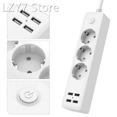 EU Power Strip Socket 2500w with 4 USB Charging Ports Outlet