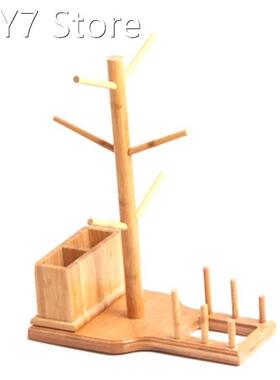 6Hooks Cup Holder Tea Set Storage Set Wood Shelf Kitchen Sto