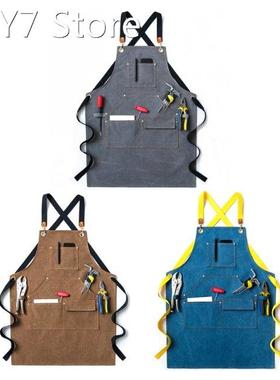 Men Women Canvas Work Apron Cross-Back Adjustable Shoulder S