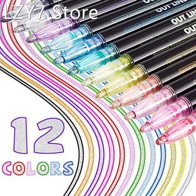 8/12pc Double Line Outline Metallic Marker Pens Color Graffi