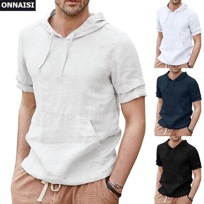 New Casual Linen Short Sleeve Hooded T Shirt M