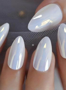 Unicorn Chrome Nails Fake Almond Medium White Acrylic Tips M