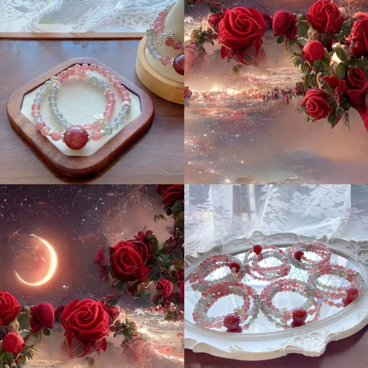 桔贝【星夜玫瑰】天然车厘子星光草莓晶灰月光双圈水晶手串手链