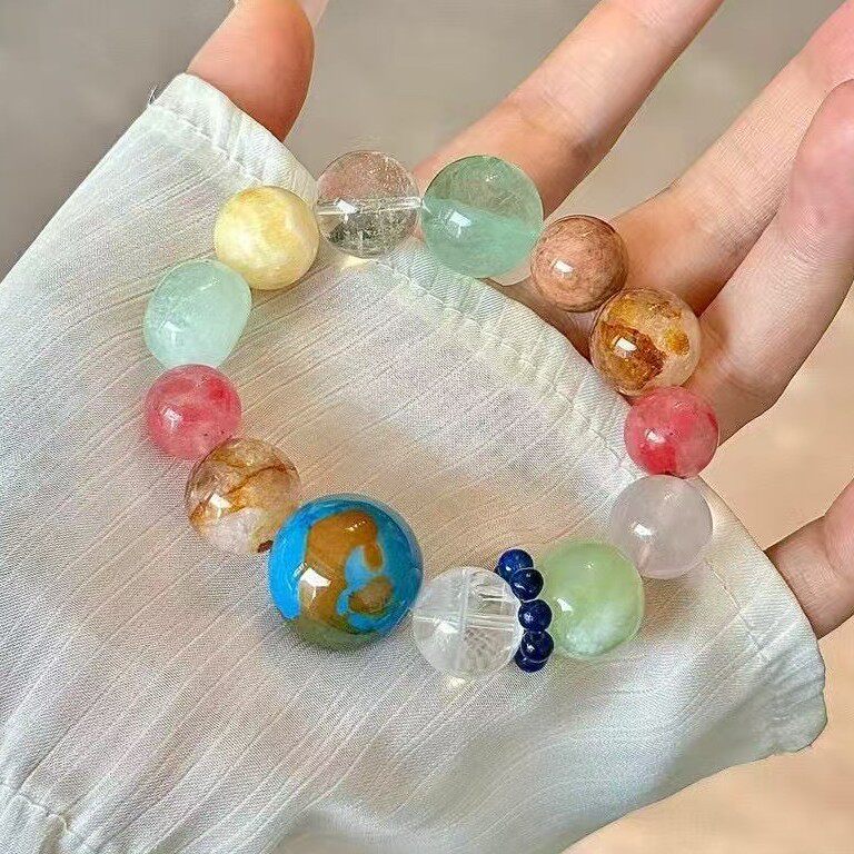 原创天然水晶地球玛瑙手链设计款大颗粒黄胶花蔷薇辉海蓝宝青金石