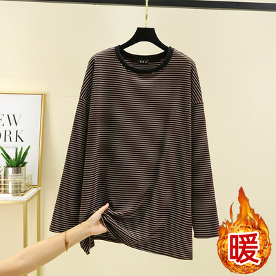 德绒宽松条纹圆领上衣女