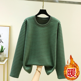 男士德绒条纹上衣冬季宽松加绒圆领长袖T恤大码加厚居家睡衣上装