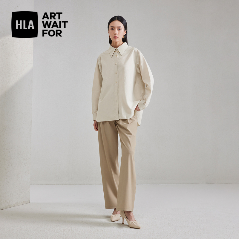 HLA/海澜之家纯棉质地长袖衬衫24春夏新纯色宽松梭织翻领衬衣女装