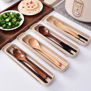 单人装勺子筷子餐具套装木质便携家用收纳盒学生户外上班族专用
