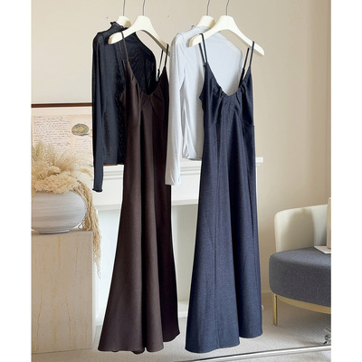 新款法式感吊带连衣裙套装女2025秋新款气质显瘦打底衫长裙