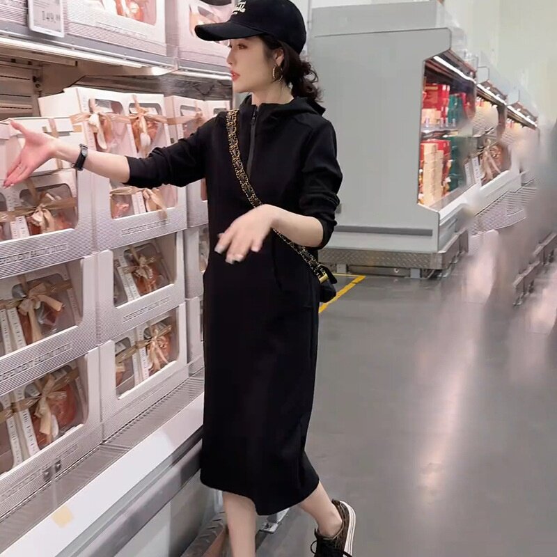 2025新款休闲百搭连帽连衣裙女春秋季新款宽松t恤卫衣裙显瘦