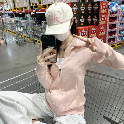 新款正肩美式灰色连帽卫衣2025春秋季新款拉链修身显瘦休闲帽衫