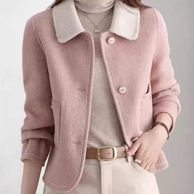 2025新款新款感撞色娃娃领双面羊绒大衣短款全羊毛小香风毛呢外套