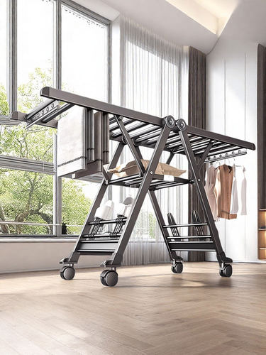 折叠晾衣架阳台家用铝合金凉衣架室内移动晒被神器卧室落地晾衣杆