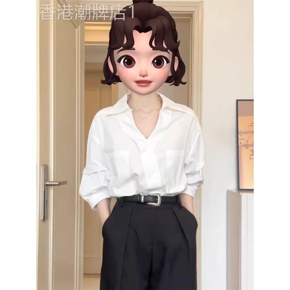 白色V领衬衫女2025秋薄款宽松显瘦设计感衬衣轻奢高级七分袖上衣