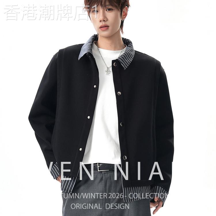 韩国WEN NIAN条纹拼接假两件夹克外套男2026春季复古痞帅翻领上衣