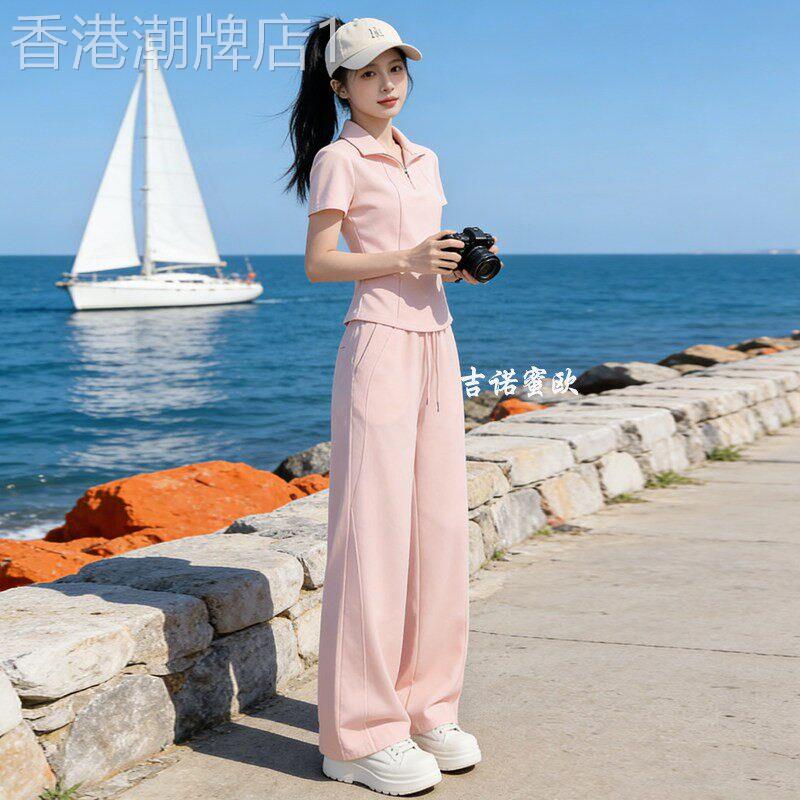 正品2026夏新款休闲运动套装女气质减龄正肩翻领短袖阔腿裤两件套