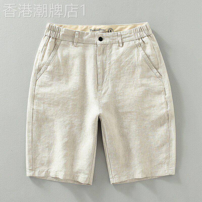 高档纯亚麻短裤男士夏季薄款复古宽松麻料五分裤纯色休闲沙滩裤男