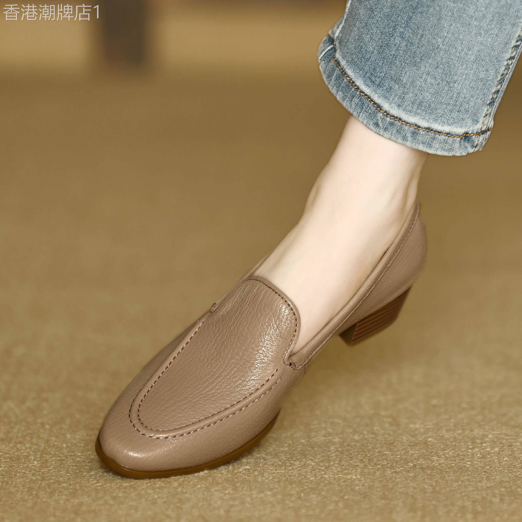 法式软羊皮深口单鞋女2025春季新款中跟一脚蹬粗跟真皮休闲乐福鞋